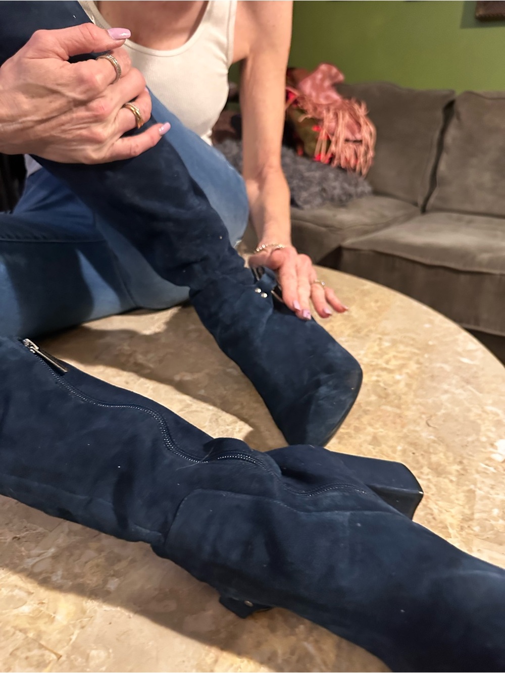 Karl Lagerfeld - Navy Suede Over-the-Knee Block Heel Boots - Picture 7 of 10